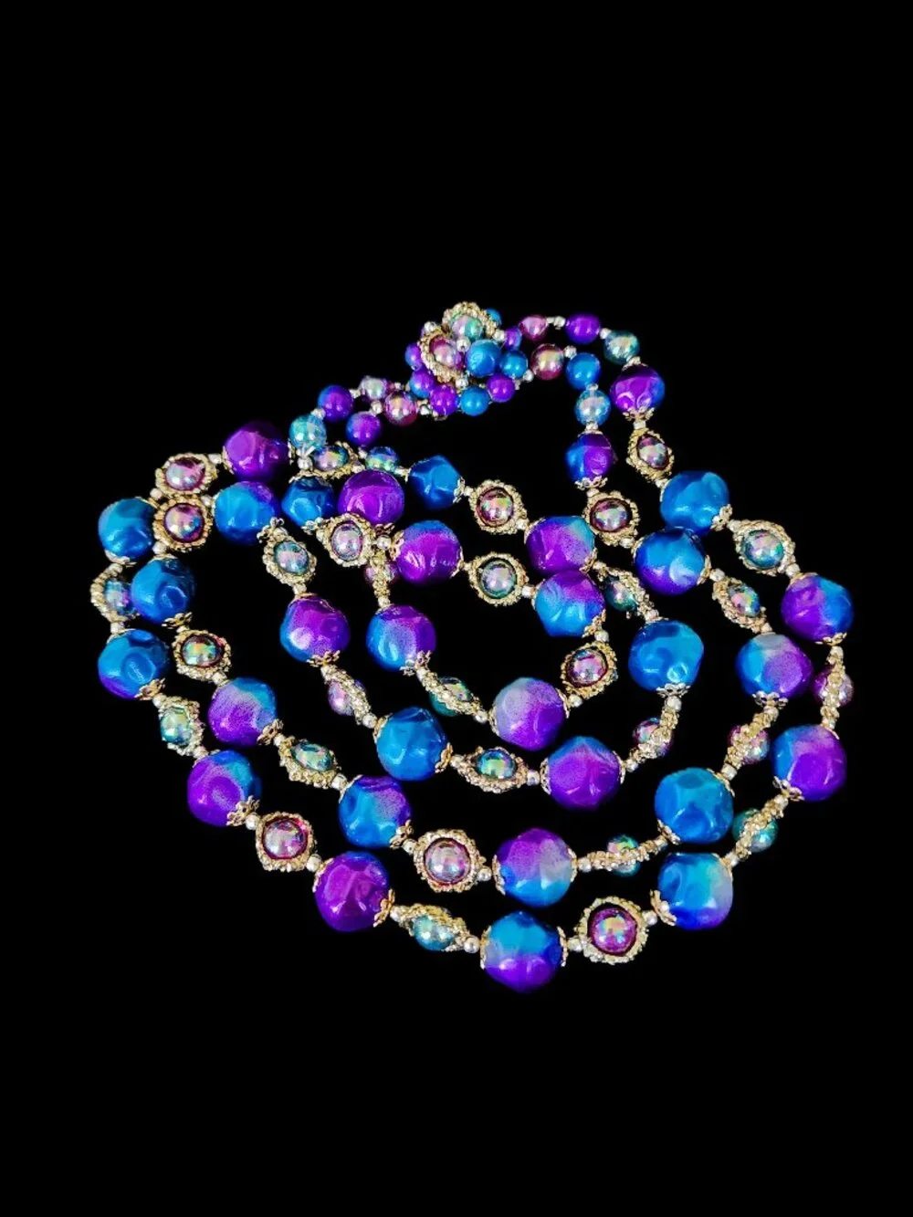 Vintage 1950s Japan Double Strand Blue Purple Moonglow Lucite AB Necklace - Picture 6 of 9